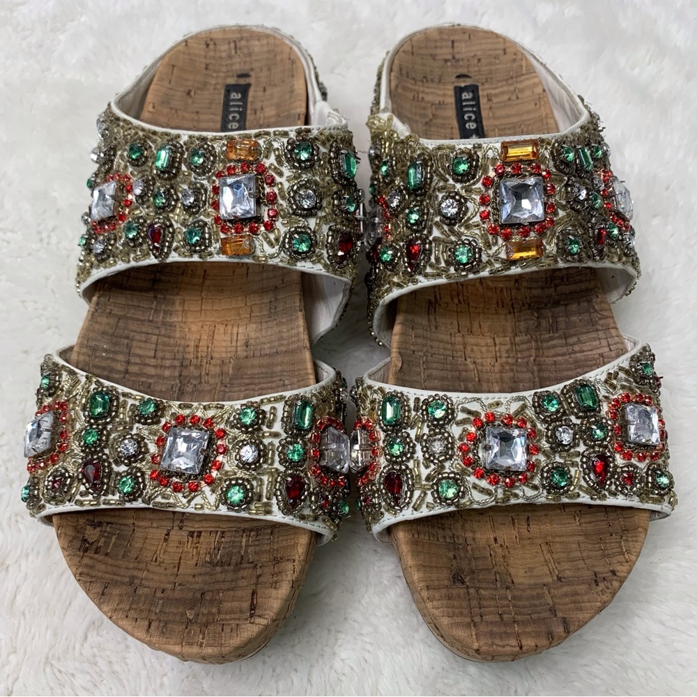 Alice + Olivia Jeweled Beaded Gold Sandals with Green and Red Accents